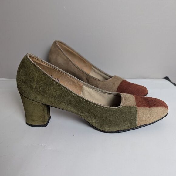 Florsheim Suede pumps patchwork vintage heels block heel round square toe sz 8.5 - Picture 2 of 10
